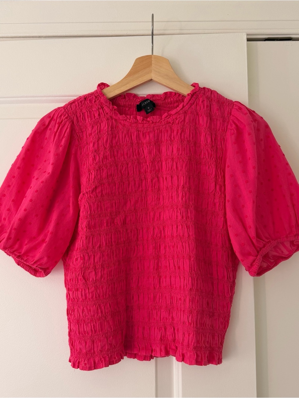 J. Crew Pink Puff Sleeve Smocked Top